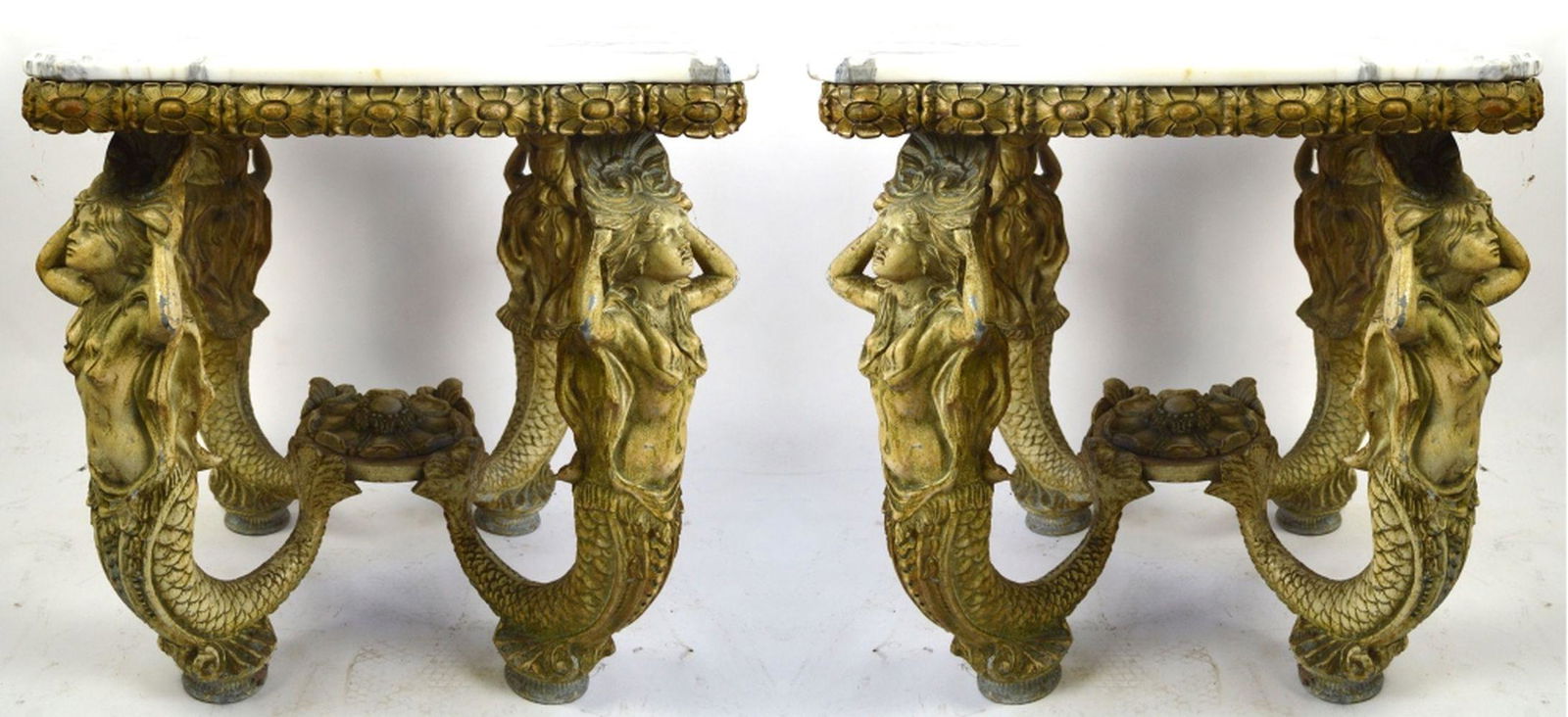 PAIR WHITE GILT CAST METAL MERMAID TABLES W MARBLE (1 of 7)