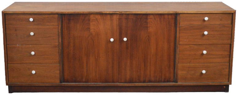 RICHARD ARTSCHWAGER ATTR. WALNUT CREDENZA: Richard Artschwager (Am. 1923-2013)- Attributed. A mid century designed walnut credenza. Drawer pulls replaced-not original. Unsigned/marked. Measures: H 23" x W 71" x D 17 1/2"