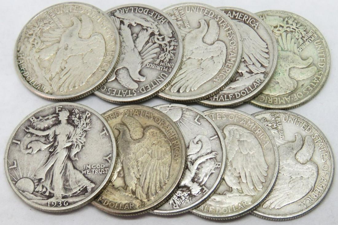 LOT 10 SILVER WALKING LIBERTY HALF DOLLAR COINS (1 of 3)