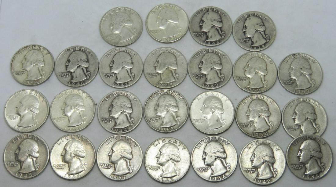 LOT 25 PRE-1965 WASHINGTON SILVER QUARTERS COINS (1 of 3)