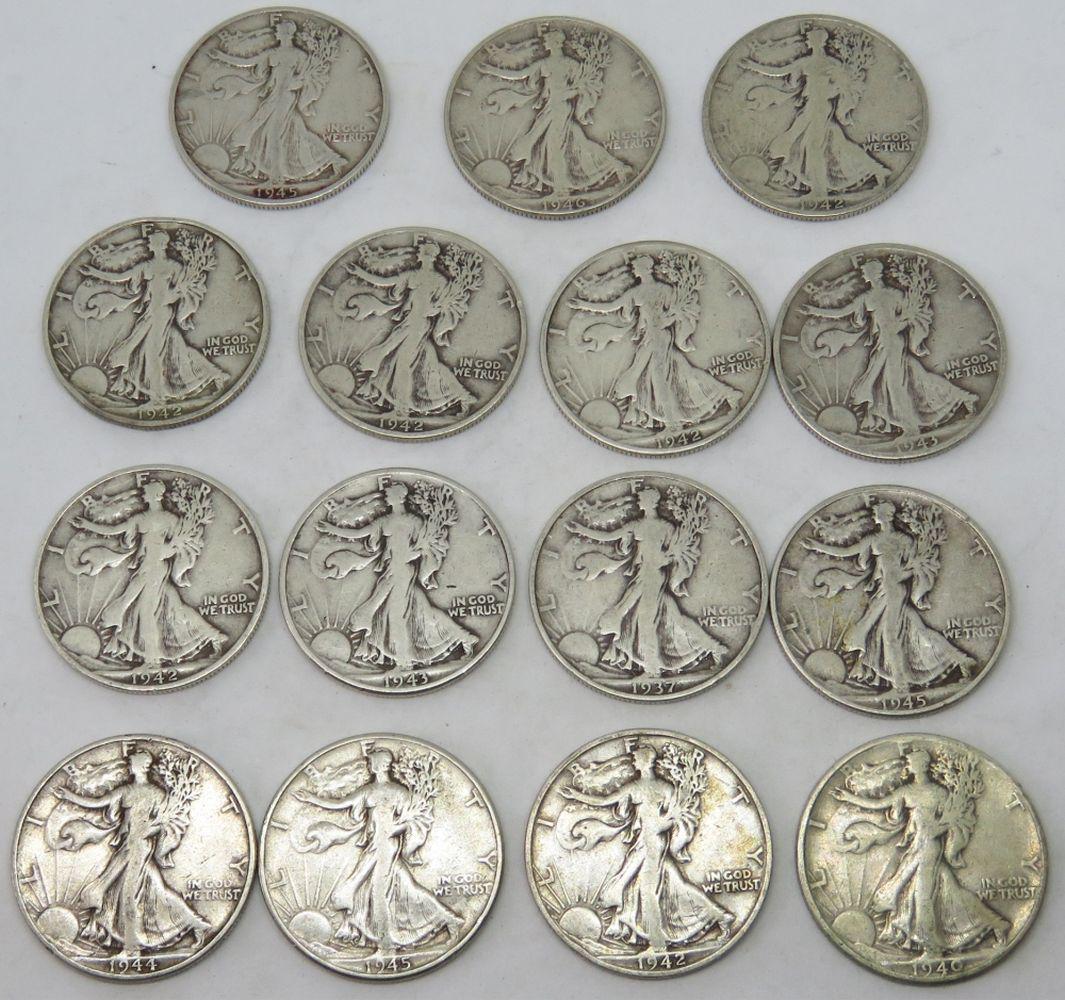 LOT 15 SILVER WALKING LIBERTY HALF DOLLAR COINS (1 of 7)