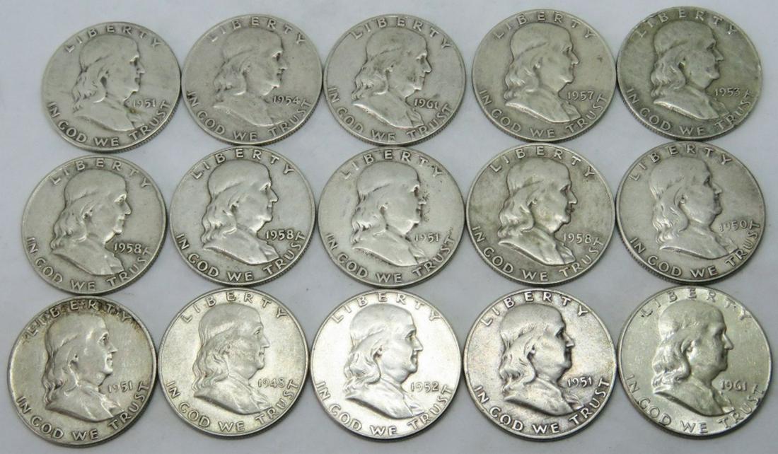 LOT 15 SILVER FRANKLIN HALF DOLLAR COINS (1 of 4)