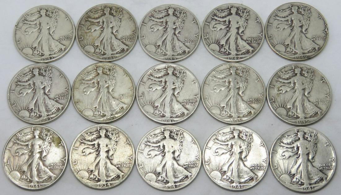 LOT 15 SILVER WALKING LIBERTY HALF DOLLAR COINS (1 of 4)