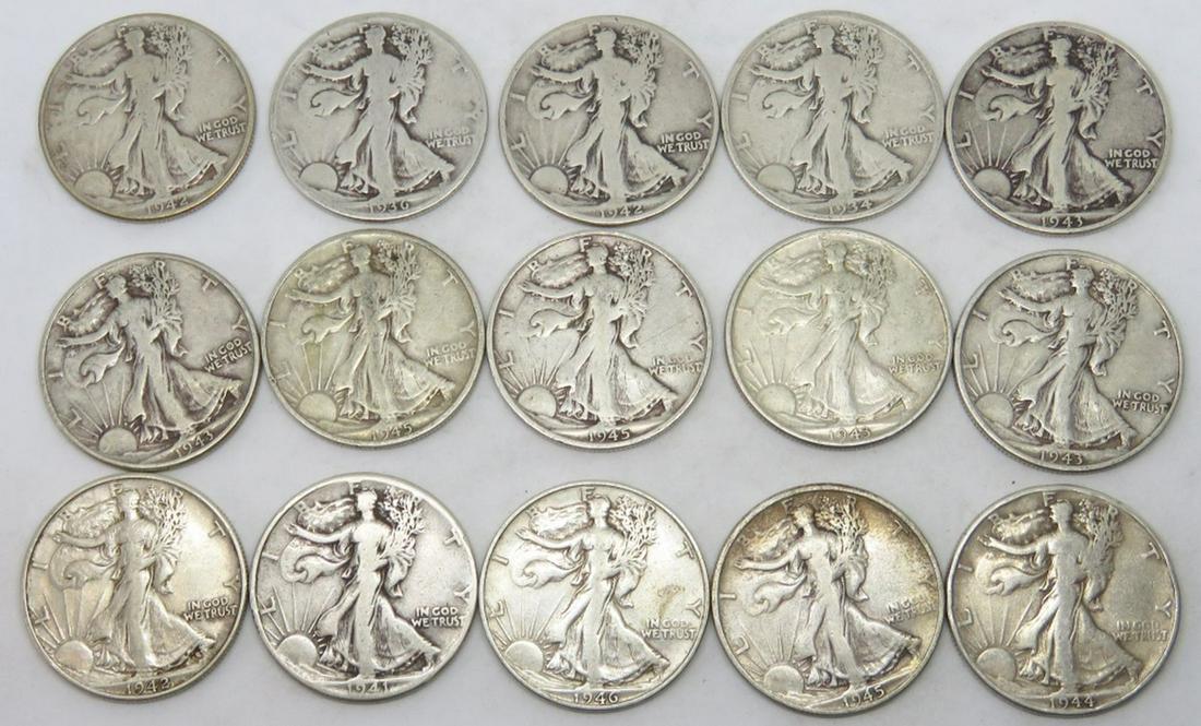 LOT 15 SILVER WALKING LIBERTY HALF DOLLAR COINS (1 of 4)