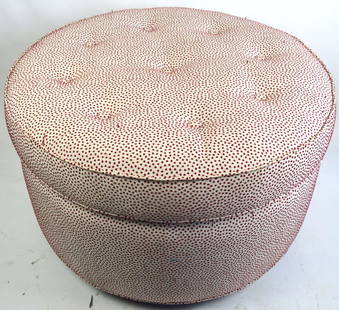 ARTHUR ELROD CUSTOM UPHOLSTERED OTTOMAN: Prentice for Arthur Elrod custom upholstered round ottoman. Measures: H. 17", Dia. 31"