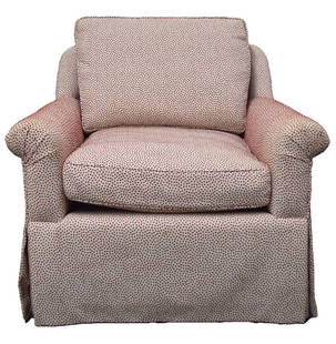 ARTHUR ELROD CUSTOM UPHOLSTERED CLUB CHAIR: Prentice Custom Furniture for Arthur Elrod as designer/decorator. An upholstered club chair with an unusual upholstery design. Measures: H. 32", D. 34", W. 34"