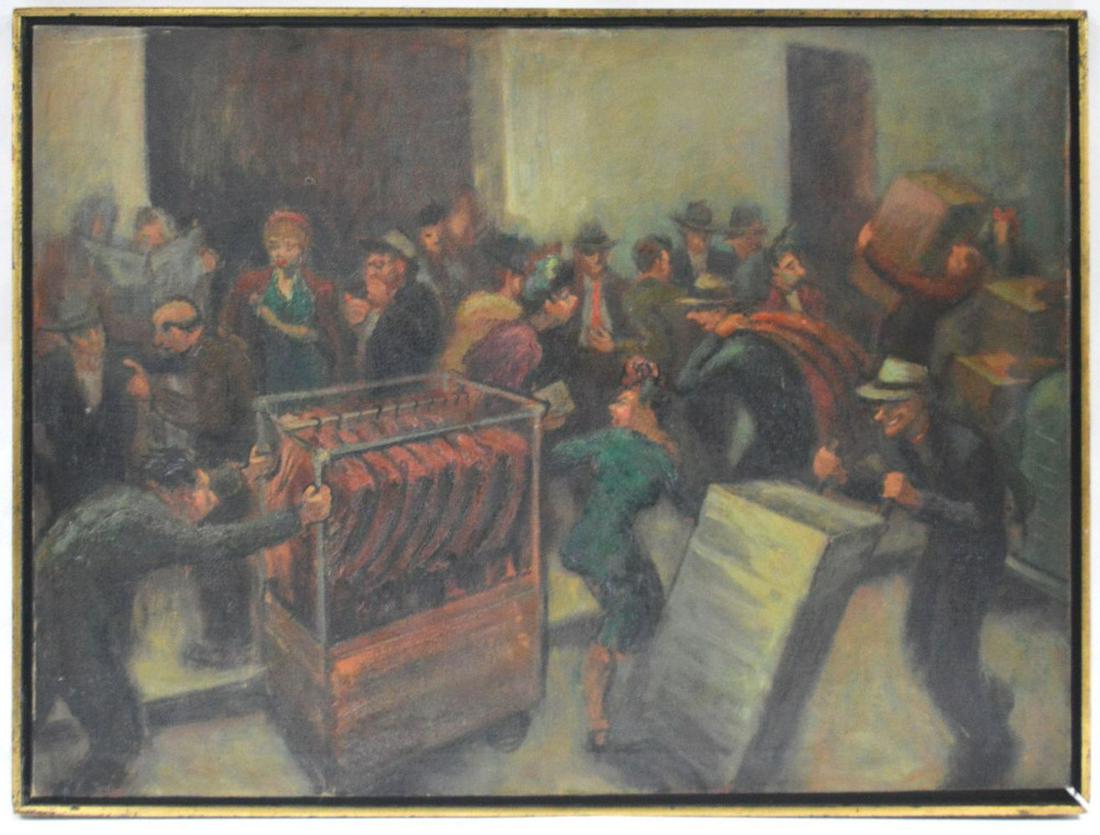 AMERICAN REGIONALIST NY GARMENT PAINTING WPA ERA: A very good American Regionalist / WPA era painting. The scene depicts a garment district (likely NY) scene with a full cast of characters. The work is oil/canvas and is housed in an artist-constructe