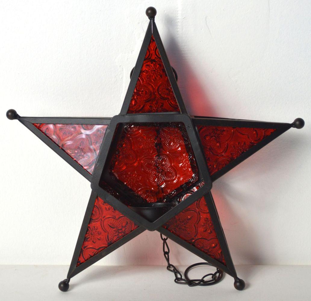 SET (4) RED STAINED GLASS HANGING STARS (1 of 6)
