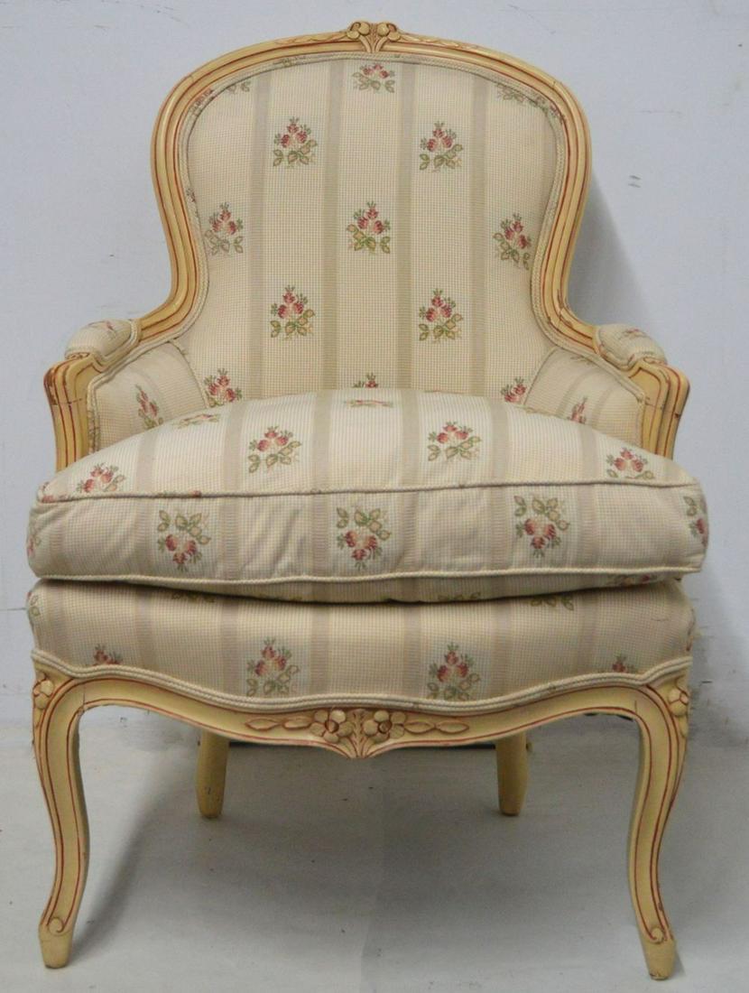 VINTAGE FRENCH CARVED BERGERE ARMCHAIR: French painted and custom upholstered bergere chair. Measures: H 38"; W 26"; D 24"