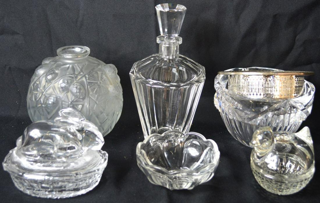 CRYSTAL GLASS LOT INC STERLING COLLAR CAVIAR DISH: A crystal grouping including Orrefors, and a hallmarked sterling silver caviar service dish. Measures: Largest H 5" x W 6"x D 6"