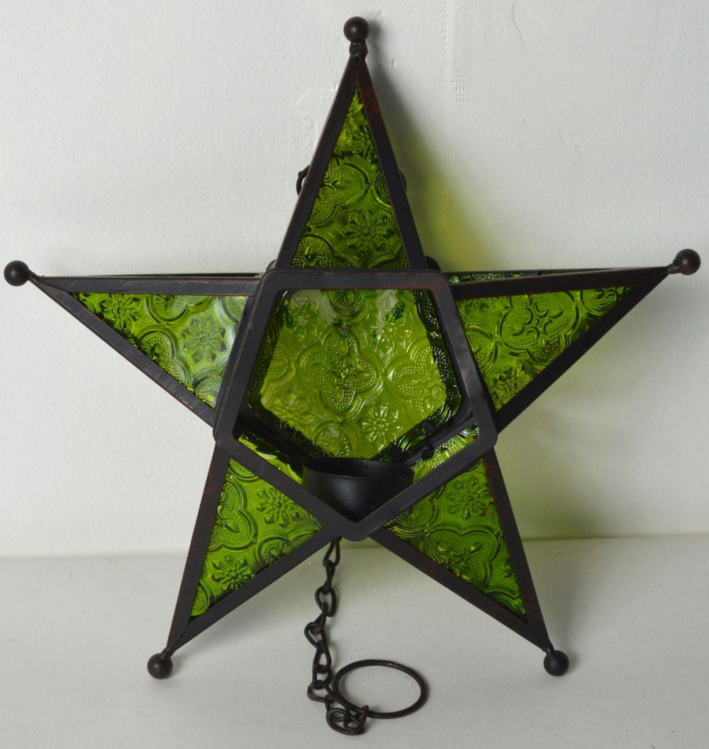 (2) GREEN (1) RED STAINED GLASS HANGING STARS (1 of 9)