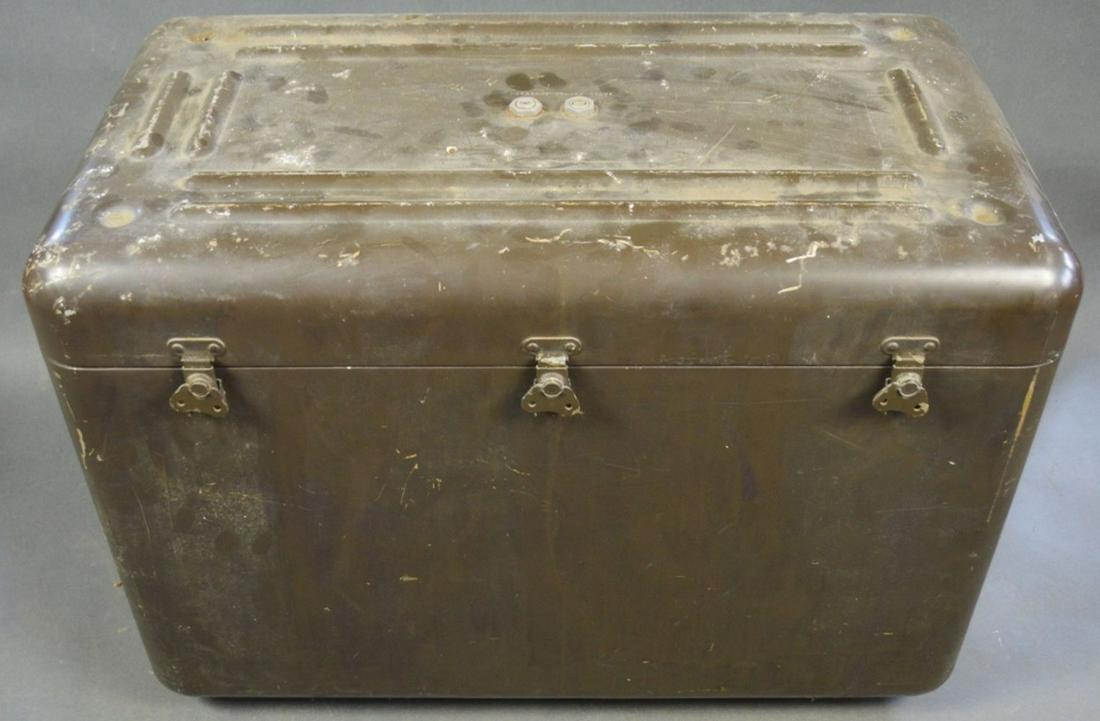 ZERO MANUFACTURING VINTAGE MILITARY AIRTIGHT CHEST: An antique/vintage military diving/marine trunk manufactured by Zero Manufacturing Co. of Burbank Measures: H 19 1/2" x W 28" x D 15 1/2"