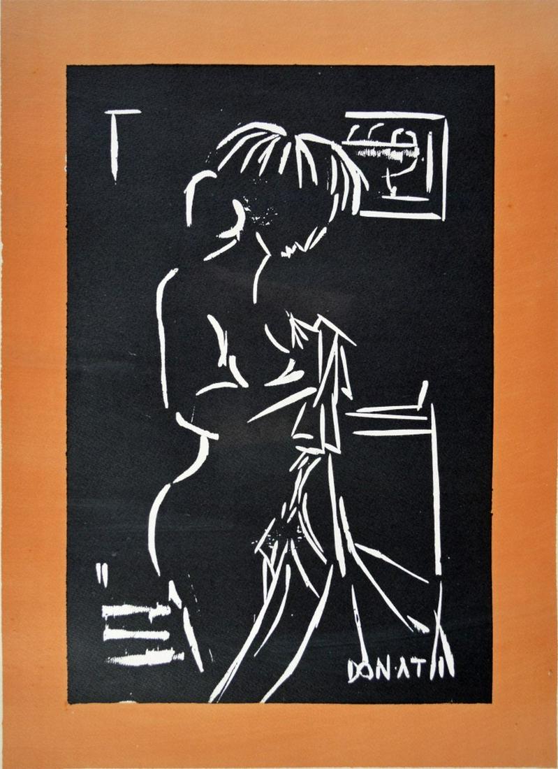 LAZZARO DONATI 1926-1977 SIGNED NUDE LINOCUT: Lazzaro Donati (Italian 1926-1977). A wood / linocut print of a nude woman in profile. The work is signed, dated (in pencil), and bears the artist's blindstamp. Framed, under glass. Measures: 28 1/4"
