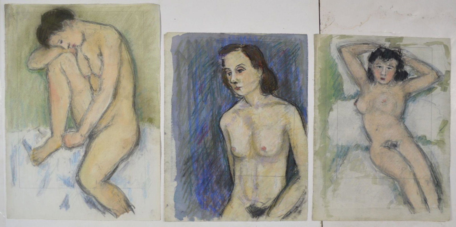 LOT OF 3 NUDE WOMEN COLOR PASTELS: 3 works of nude women on heavy laid paper. The drawings are pastel / charcoal. The works are unsigned. On C.M. Fabriano watermarked paper. Measures of Largest: H 26 1/4" x L 19"