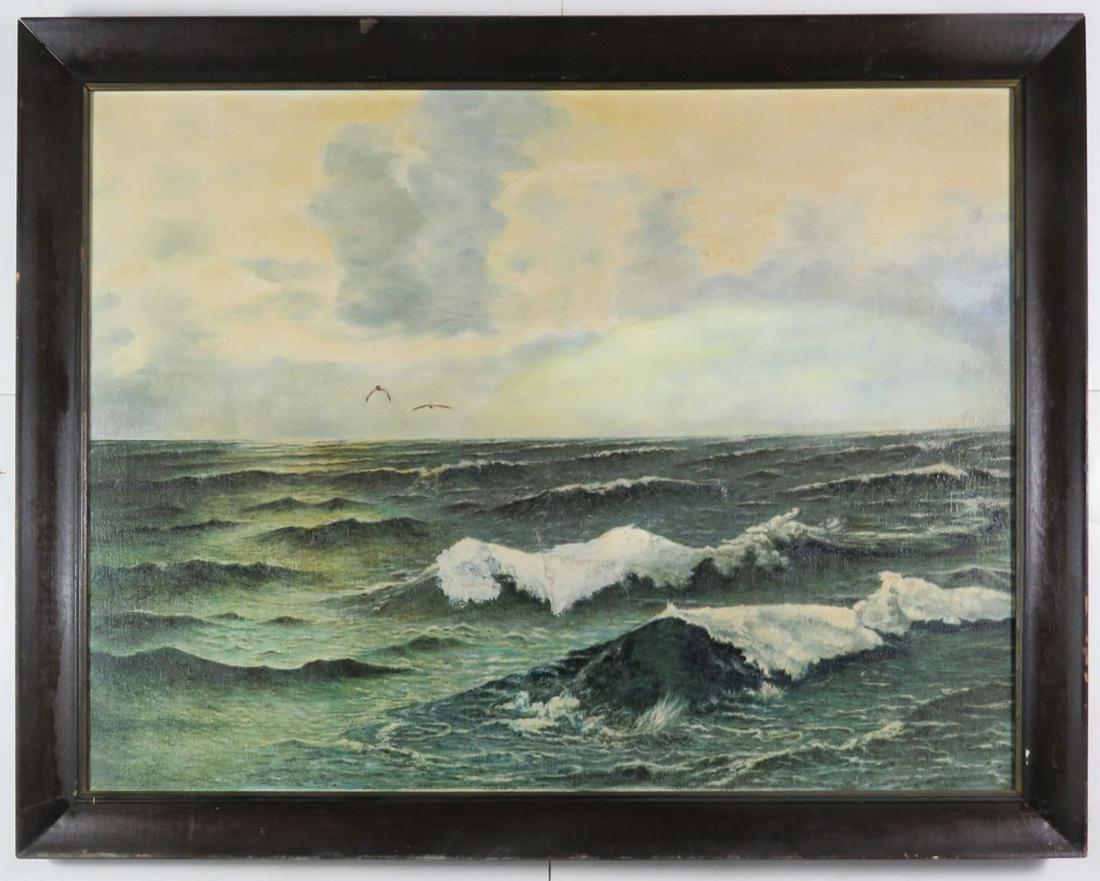 VINTAGE MARITIME SEASCAPE PAINTING FRAMED: Maritime seascape painting. Painting is oil/canvas and is framed in a vintage ebonized wood frame. Does not appear to be signed. Measures: H 35 1/4" x L 45 1/4"