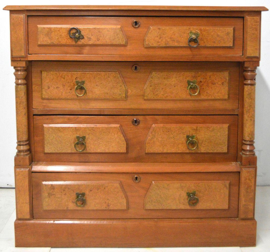 VICTORIAN CARVED MAPLE CHEST: Victorian carved and bird's eye maple inlaid chest of drawers, 19th century. Measures: H 37" x W 40" x D 19"