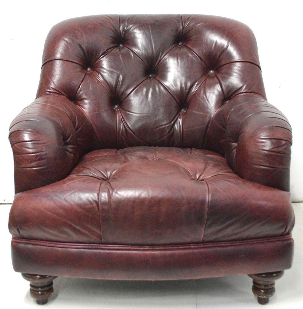 FINE TUFTED LEATHER CHESTERFIELD CLUB CHAIR: A fine tufted leather chesterfield style club lounge chair. Leather showing a good patina. No visible labels/marks. Measures: H 36" x W 35" x D 30" Seat H: 17 1/2"