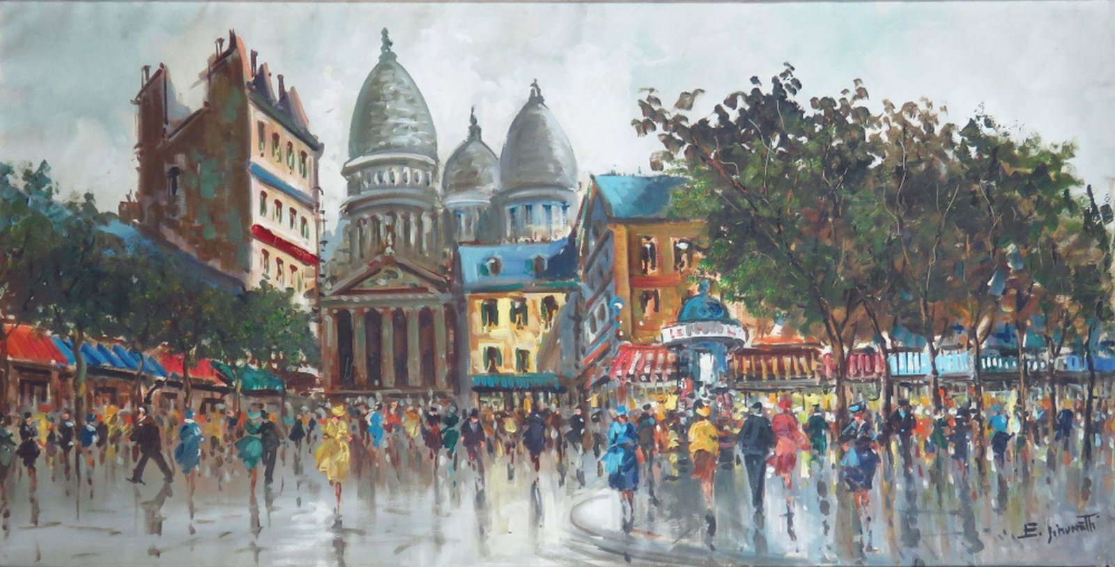 MID CENTURY PARISIAN STREET SCENE PAINTING SIGNED: A good mid-century modernist Parisian street painting. In the manner of Antoine Blanchard. The work is oil/canvas and is signed, illegibly. It is presented in a mid century modernist frame. Measures: 