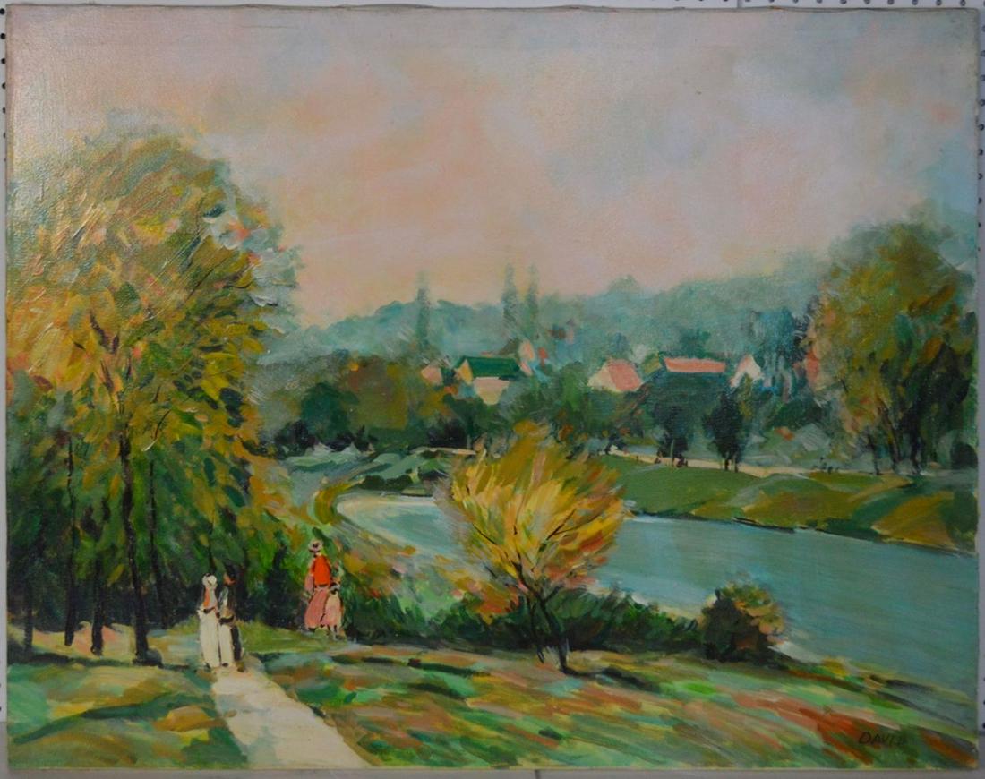 FRENCH SCHOOL RIVER TOWNSCAPE PAINTING SIGNED (1 of 5)