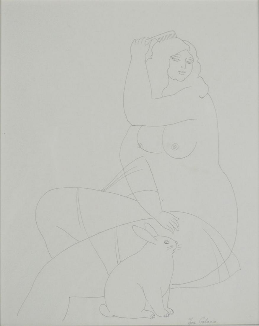 IGOR GALANIN NUDE WITH RABBIT DRAWING SIGNED: Igor Galanin B. 1937. Ink on paper drawing female nude with rabbit, signed. Measures: H 16 1/2" x W 15 1/4" Sight: 7 3/4" x 6 1/2" Provenance: Collection of Dick Polich, Polich Tallix Fine Art Foundry