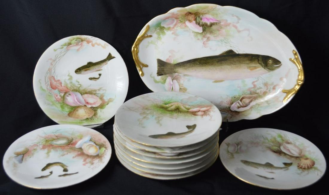 11 PIECE LIMOGES PAINTED PORCELAIN FISH SERVICE (1 of 9)