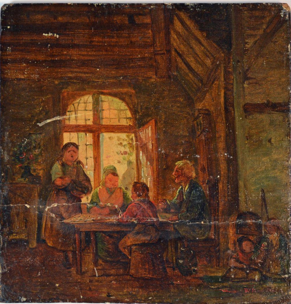 OLD MASTER STYLE PAINTING ON PANEL: Antique European painting on wooden panel. The subject is a family at table in a timbered frame dining room. The painting is oil/beveled wood panel, which is hand finished/planed. It is signed, illegi