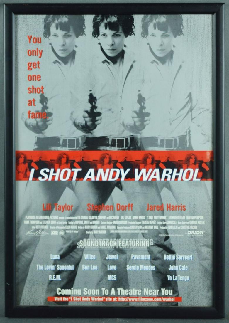 VINTAGE I SHOT ANDY WARHOL THEATRE POSTER: Vintage "I SHOT ANDY WARHOL" theatre poster. Poster is contemporaneous with the release of the film. Framed, under glass. Measures: H 21 3/4" x W 14 3/4"