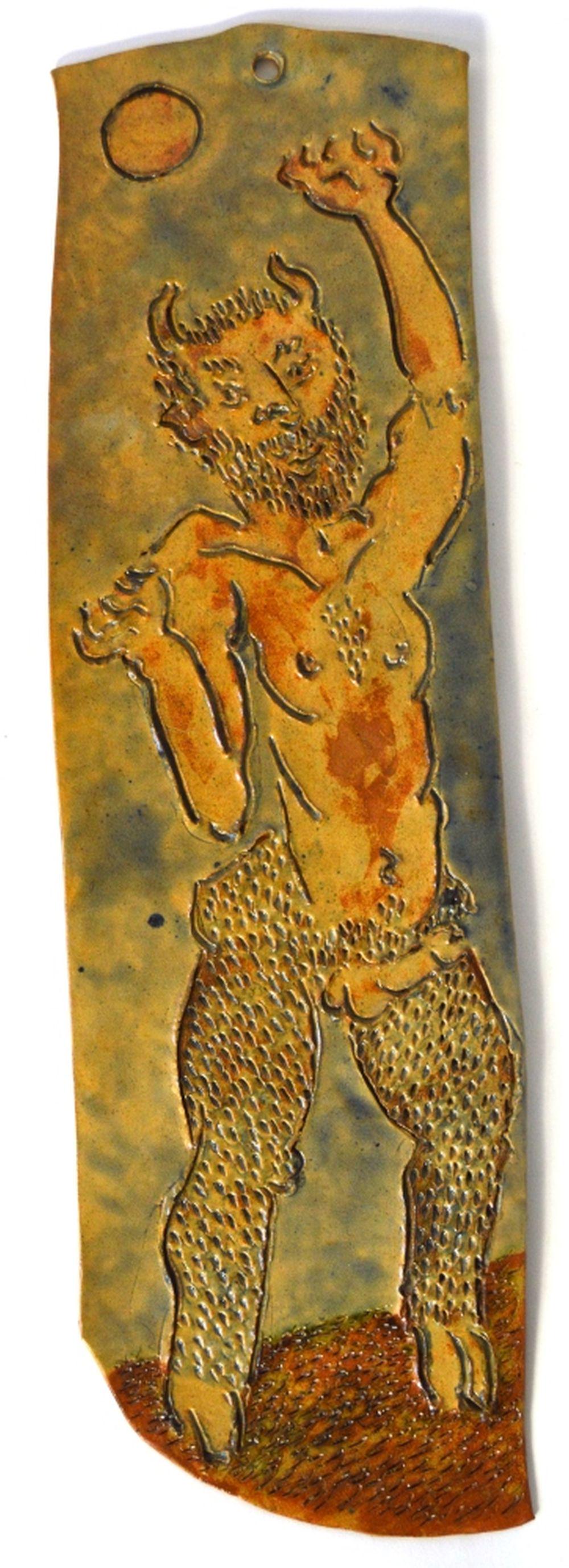 MCM POTTERY EROTIC SATYR ART PLAQUE SIGNED: An interesting mid century modern Danish style pottery plaque. The piece depicts a dancing mythological beast in his full glory. The work is signed, illegibly, verso. Measures: H 20 1/4" x W 6"