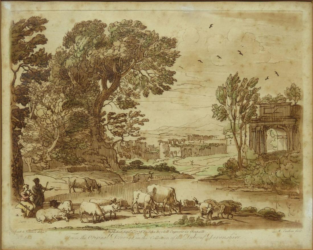CLAUDE LORRAIN ANTIQUE ETCHING C. 1776: An antique mezzotint in sepia after a drawing by Claude Lorrain. Published by John Boydell and engraved by Richard Earlom. "From an Original Drawing in the Collection of the Duke of Devonshire". A goo