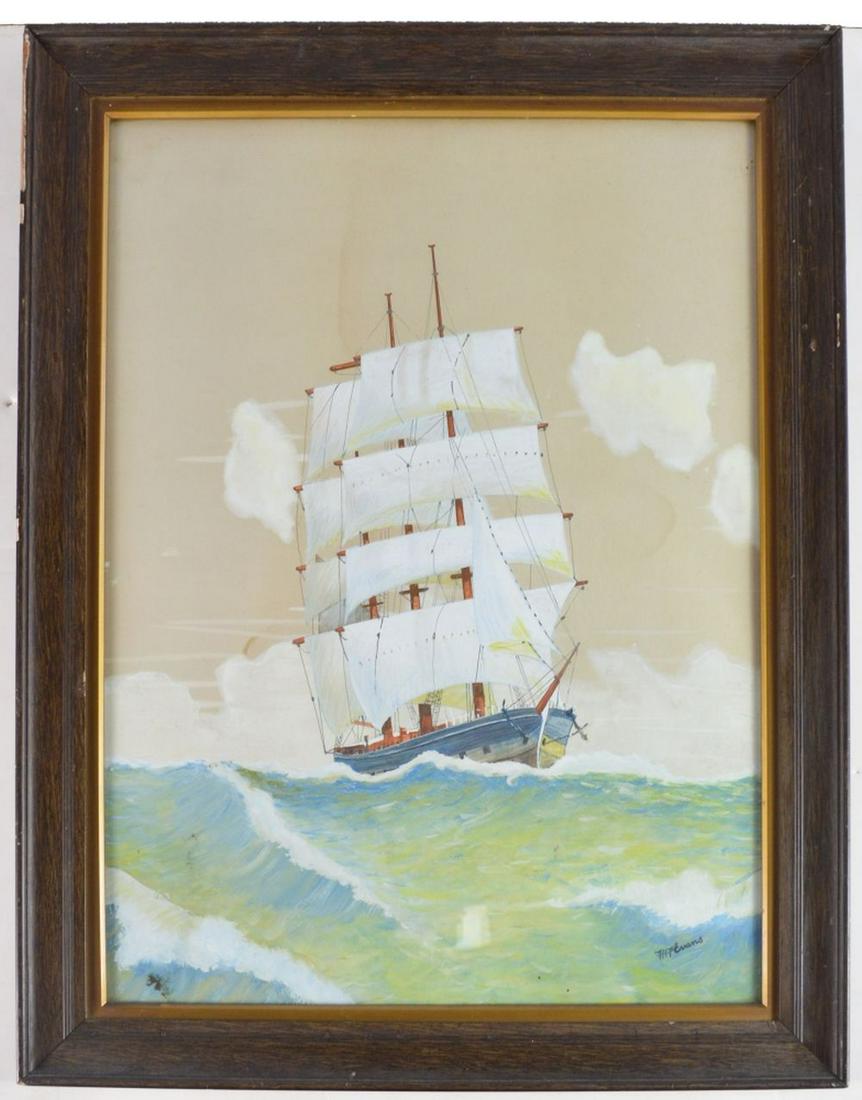 AMERICAN SCHOOL MARITIME SAILING PAINTING SIGNED: An antique sailing ship painting. The work is mixed media (w/c, gouache, graphite) on paper. It is signed, Evans. Framed, under glass, in a period frame. Measures: H 28 3/4" x L 22 1/2" Sight: 24 1/2"