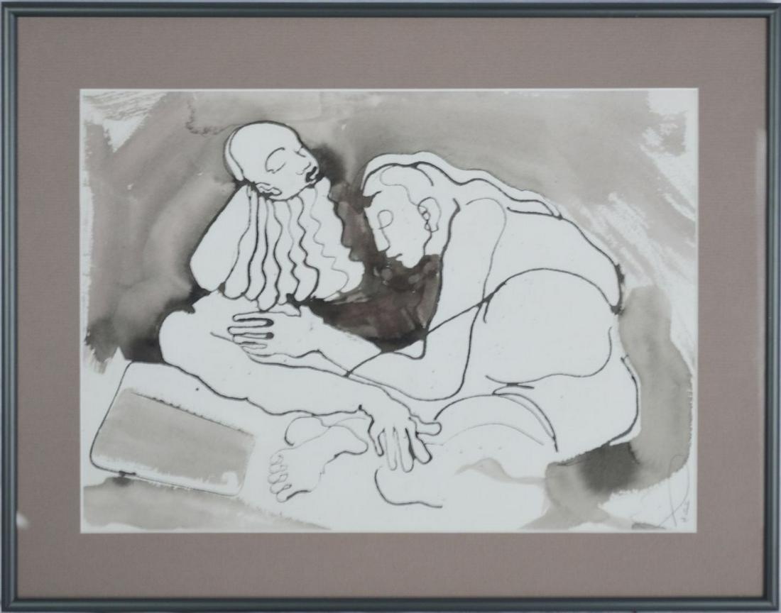 EROTIC PAINTING ON PAPER SIGNED: American School, 20th century, pen, ink wash drawing, figures, signed illegibly, dated '84. Framed, under glass. Measures: H 15" x W 19 1/2" Sight: 10 3/4" x 15 1/2" Provenance: Collection of Dick Pol