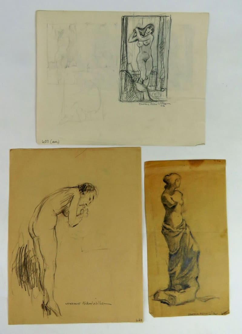 LAWRENCE WILBUR 3 NUDE SKETCHES SIGNED: Lawrence Wilbur (NY B. 1897) 3 nude sketches on paper. The works are signed. Some with sketches on reverse. Measures: Largest 11 x 8 1/2 Illustration art female nudes drawing Wilber