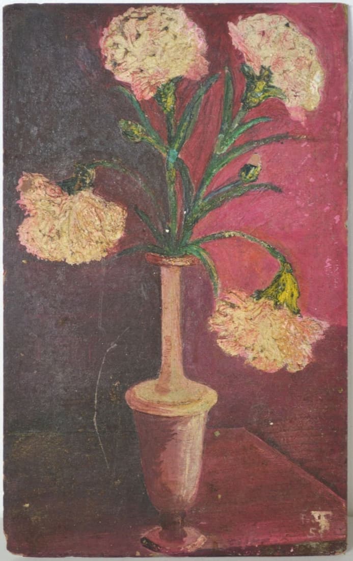 MODERN PRIMITIVE FLORAL STILL LIFE PAINTING SIGNED (1 of 4)