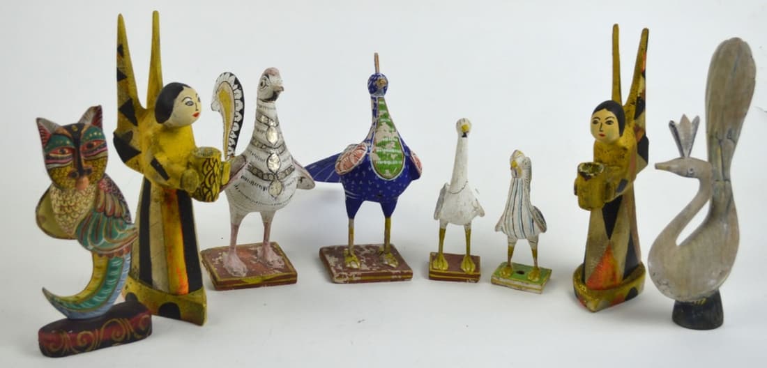 VINTAGE MESOAMERICAN CARVED AND DECORATED FIGURES: A grouping of folk art type Mesoamerican carved and painted figures. Most animal related, e.g. roadrunner birds. Measures: Largest H 9 1/2" x W 2" x D 5 1/2"