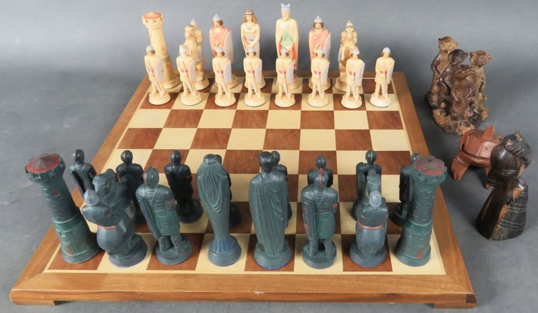 CHESS SET AND CARVED WOODEN FIGURES (1 of 7)