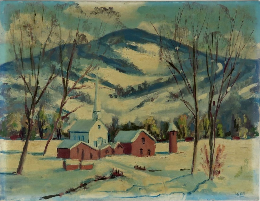 PRIMITIVE NEW ENGLAND WINTER SCENE PAINTING SIGNED (1 of 5)