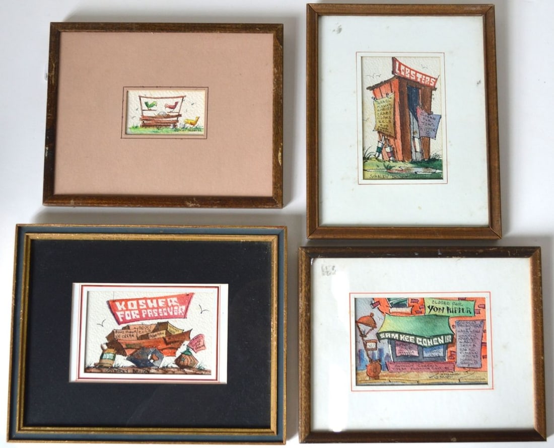 4 STANLEY BRODEY PAINTINGS SIGNED: Stanley Brodey (NY B. 1920). 4 Watercolor on heavy paper small paintings. All signed. Measures: Largest H 8 1/2" x W 10 3/4" Sight: 3 3/4" x 6"