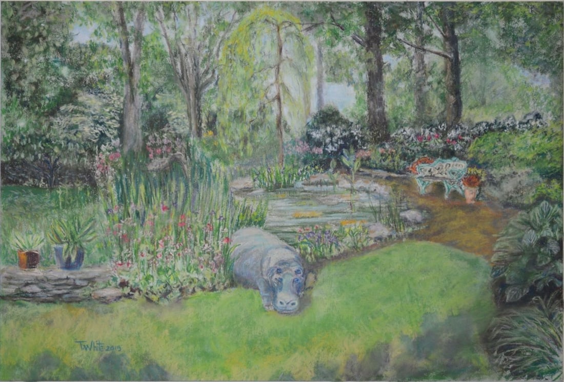 FLORAL LANDSCAPE W HIPPO PASTEL DRAWING SIGNED (1 of 4)