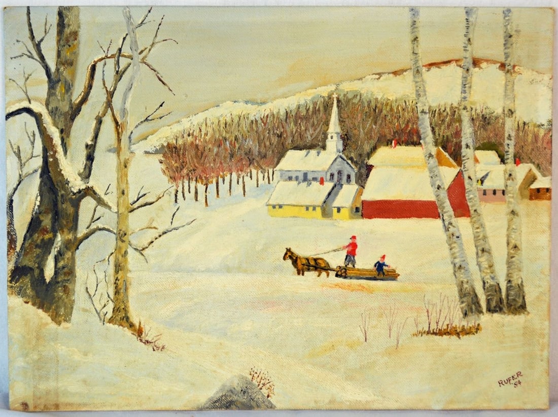 2 PRIMITIVE NEW ENGLAND WINTER LANDSCAPE PAINTINGS (1 of 6)