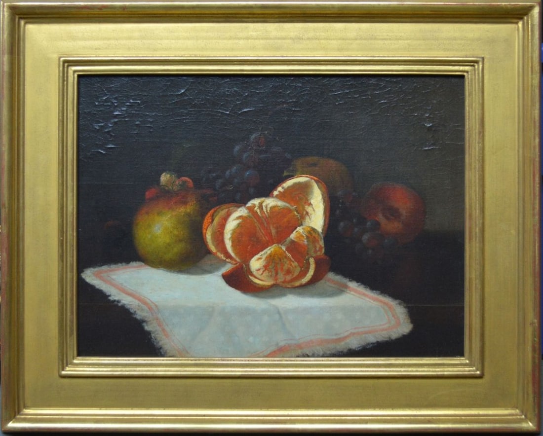 JOHN JOSEPH ENNEKING 1841-1916 PAINTING SIGNED: John Joseph Enneking (MA/NY/OH 1841-1916). A fine still life painting of fruit. The work is o/c and is presented in a gilt plein air frame. The work is o/c and is signed. Measures: 17 3/4" x 21 13/16"