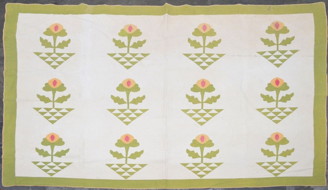 ANTIQUE HAND SEWN GEOMETRIC FLORAL QUILT (1 of 7)