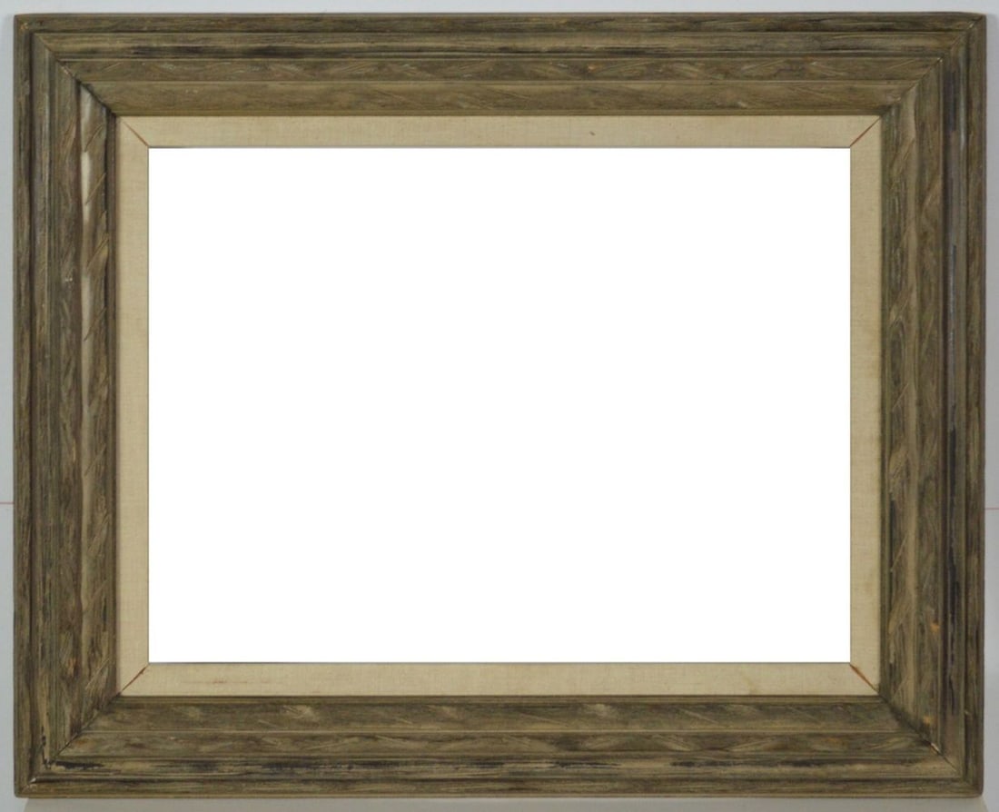 MODERN CARVED AND CERUSED PAINTING FRAME: Channel carved and pickled finished mid century modern painting frame. A good frame with a standard size opening. Measures: 26 3/4" x 32 3/4" Rabbet: 20 1/4" x 26 1/4"