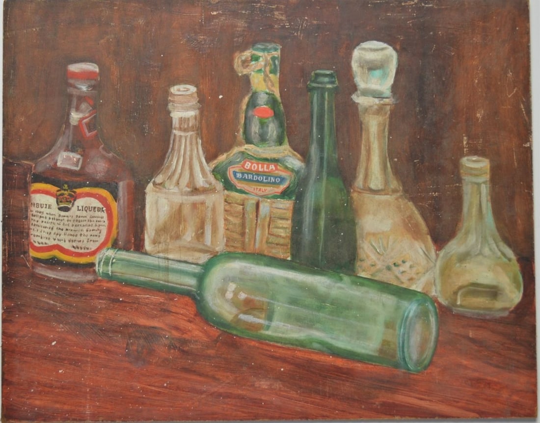 20TH C MODERNIST STILL LIFE BAR PAINTING: American school mid 20th C painting of a bar with liquor bottles. The painting is oil/masonite, and is not signed. It is unframed. Measures: 16" x 20"