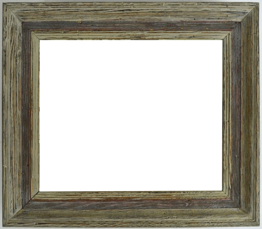 VINTAGE MODERN WORMY WOOD PICKLED PAINTING FRAME: A good mid century modernist wormy wood pickled painting frame. Well made and appears to have been hand finished. Measures: 13 1/2" x 15 3/4"
