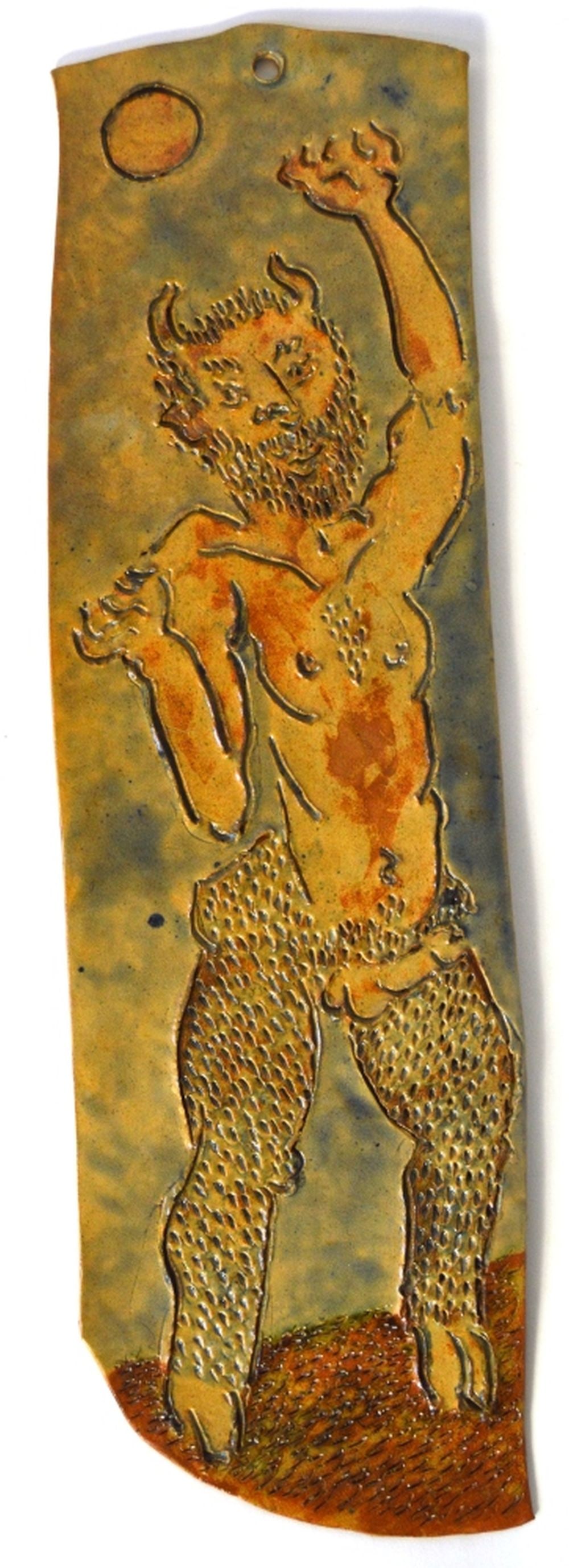 MCM POTTERY EROTIC SATYR ART PLAQUE SIGNED: An interesting mid century modern Danish style pottery plaque. The piece depicts a dancing mythological beast in his full glory. The work is signed, illegibly, verso. Measures: H 20 1/4" x W 6"