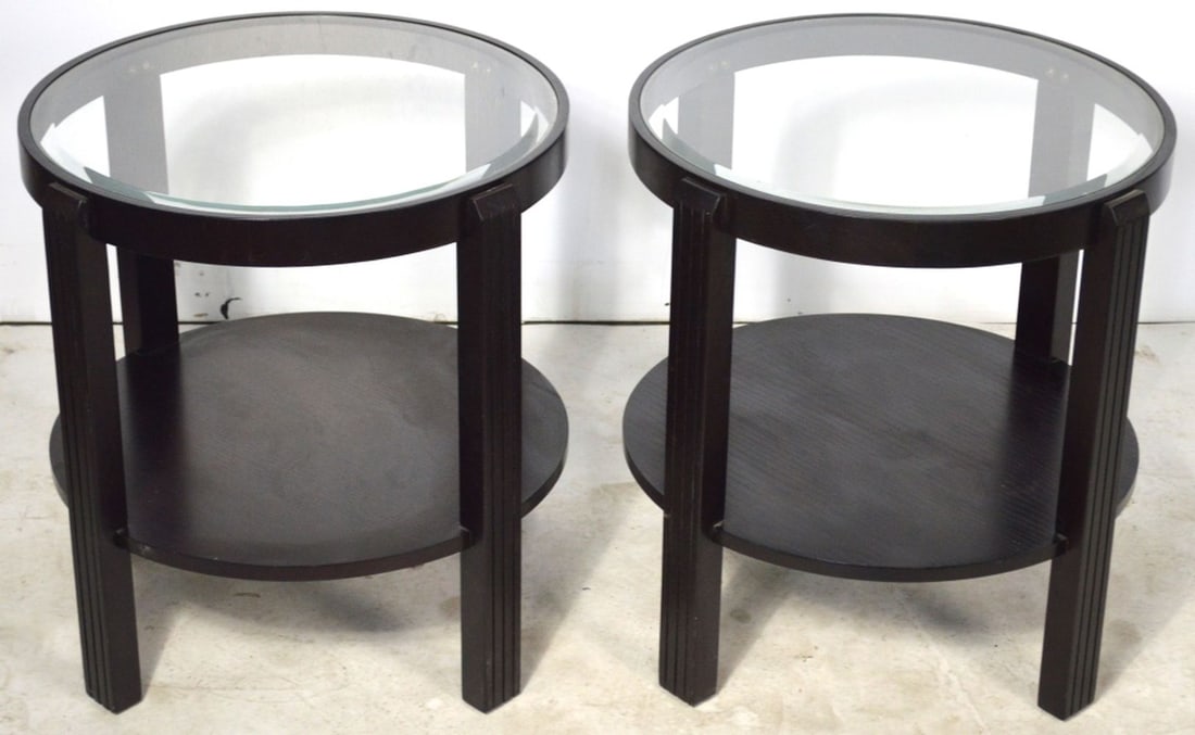 PAIR (2) MODERN ROUND BLACK SIDE TABLES GLASS TOPS (1 of 9)
