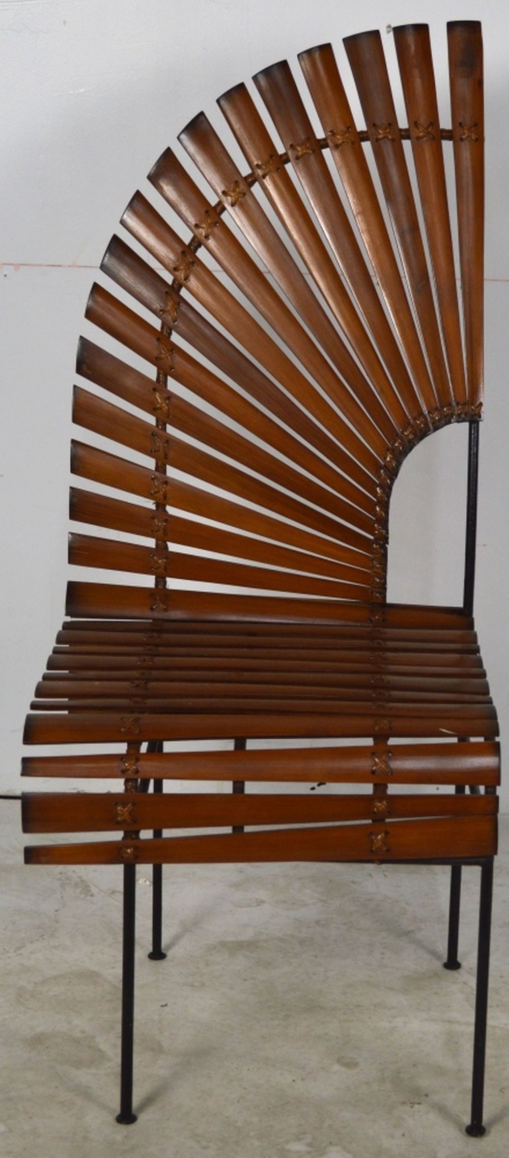 THE UNCOMMON DESIGNED FEATHER CHAIR SIGNED: A rather unusual, fan back, bamboo and steel construction chair. Chair bears "The Uncommon Designer" label. Measures: H 42" x W 18" x D 17" Seat H: 19" Provenance: Ex-collection of biotech CEO.