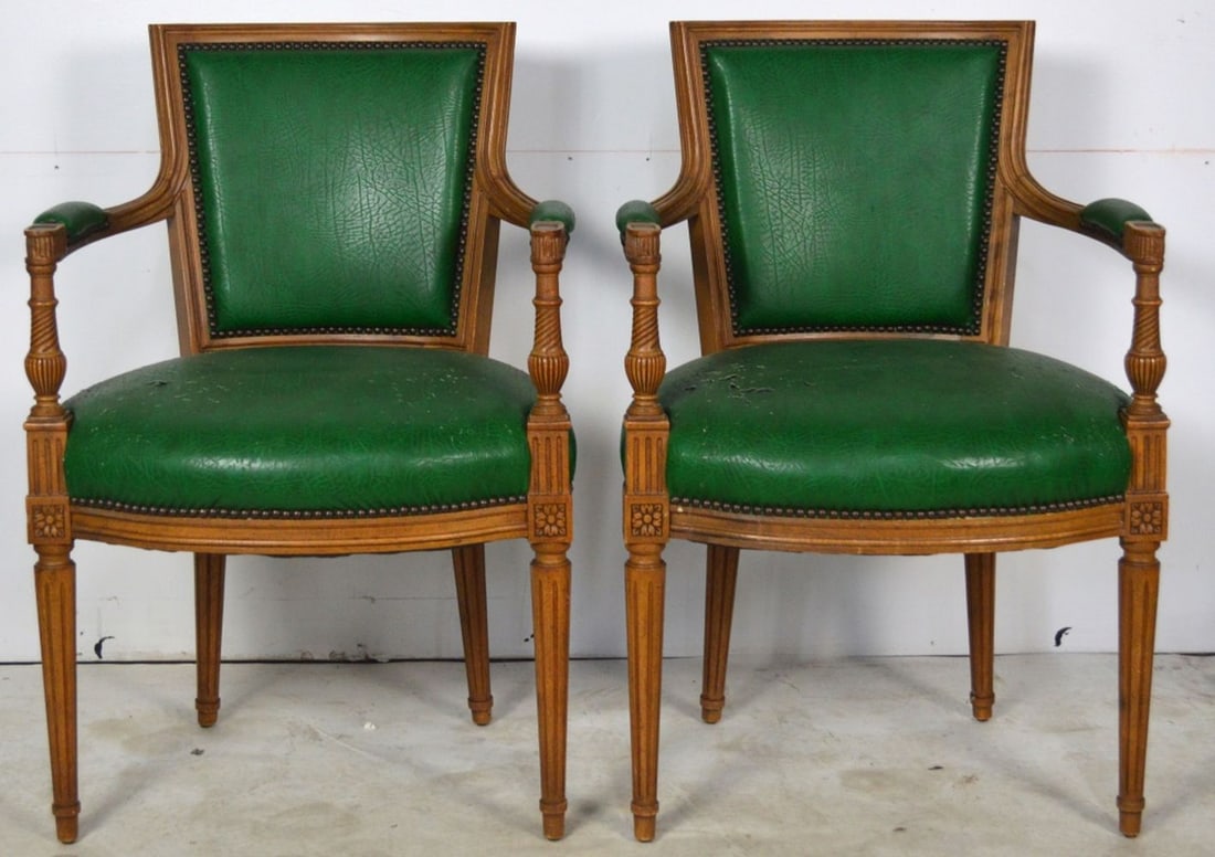 PAIR (2) DIRECTOIRE STYLE CARVED WOOD ARMCHAIRS (1 of 10)