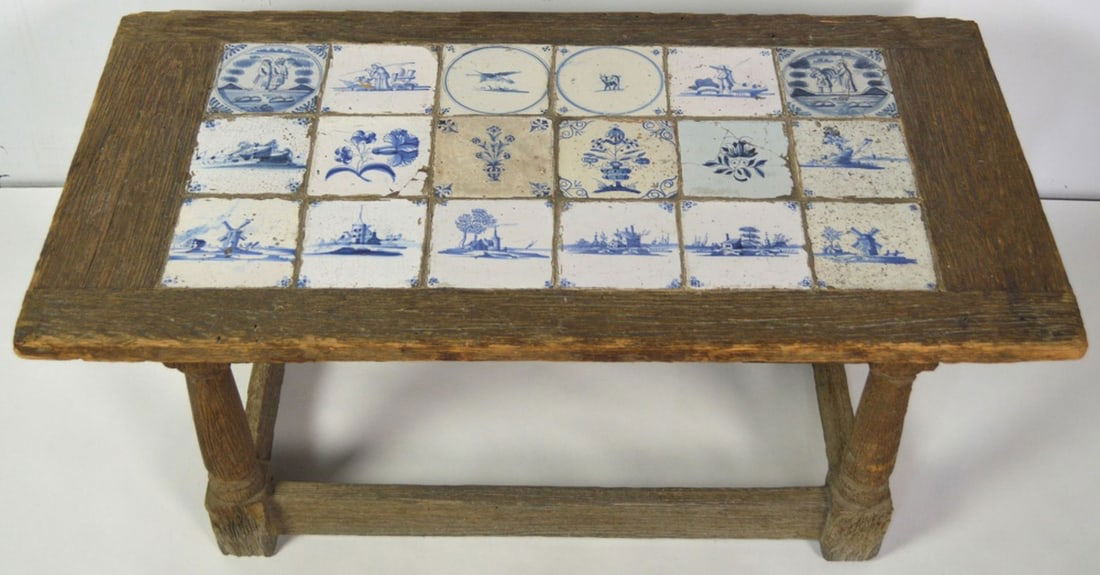 ANTIQUE WORMY CHESTNUT TABLE W INLAID DELT TILES (1 of 9)