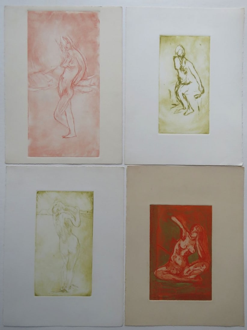 4 NUDE FINE ART ETCHINGS W AQUATINT: Mildred Friedland (Am 20th C.) 4 fine art etchings on heavy laid paper- with RIVES watermark. Unsigned. Measures: Largest 15" x 11 1/4"